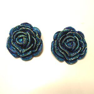 NEW ROSE EARRINGS STUD TEAL BLUE FLOWER SCREW BACK